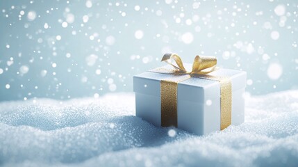 Minimal 3D Render of Gift Box with Gold Ribbon on Snowy Surface with Sparkles - Elegant and Clean Holiday Concept