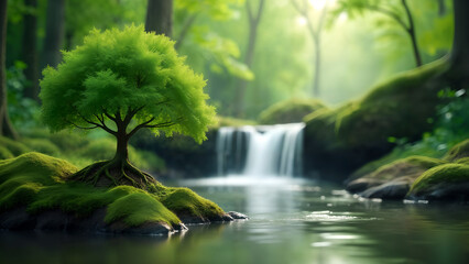 Money Tree by a Serene Waterfall