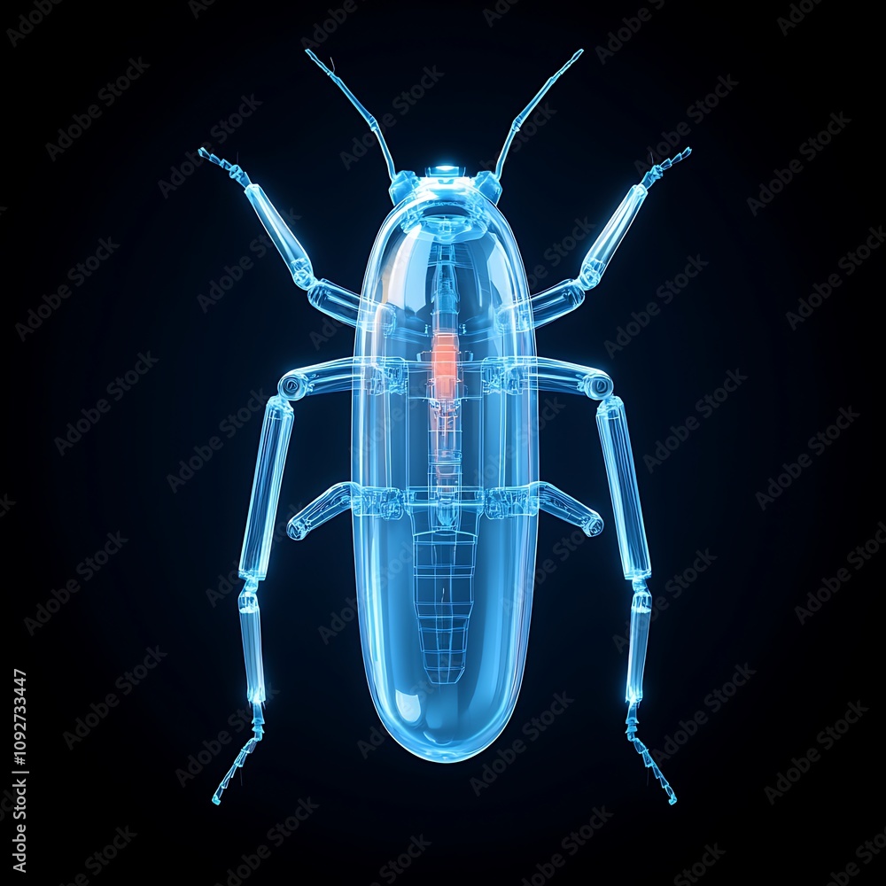 Poster transparent x-ray styled image of a futuristic beetle with intricate internal structures against a d