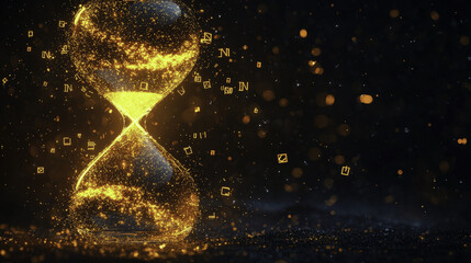 glowing hourglass filled with swirling golden particles and symbols