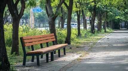 A wooden bench sits on a paved walkway beneath a canopy of trees.