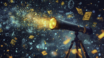 glowing telescope emitting golden sparks and cosmic elements, inspiring wonder