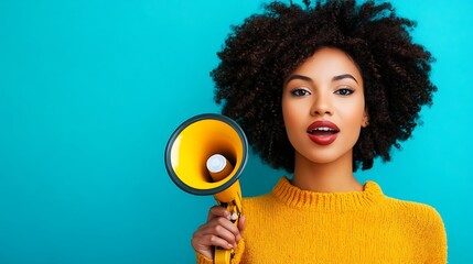 Attractive Woman with Afro Holding Yellow Megaphone