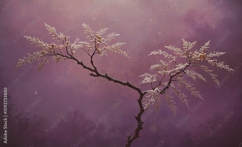 Aufkleber tree with branches and leaves is shown in a purple background. the leaves are frosted and the branch