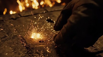 Close-Up of a Craftsman's Hand Igniting Sparks while Working with Metal in a Dark Workshop Environment, Highlighting the Skill and Precision of Metalworking Craftsmanship
