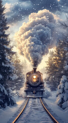 A vintage steam train chugging through a serene snowy landscape