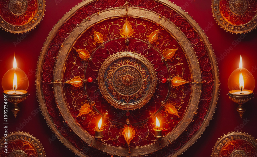 Aufkleber gold and red circle with a gold and red design. there are nine candles in the circle