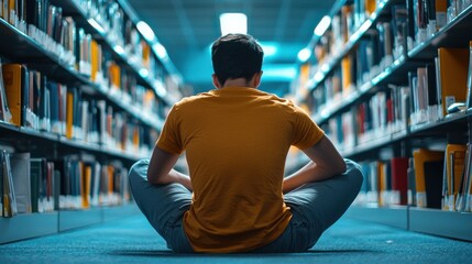 Fototapeta premium Studious Man Immersed in Literature Surrounded by Bookshelves in Library