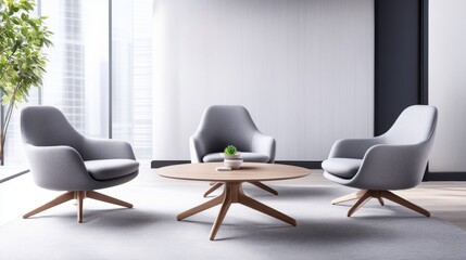 Fototapeta premium Modern Living Room with Stylish Grey Upholstered Chairs and Circular Wood Table Surrounded by Sunlight and Green Plant Accents in Elegant Interior Design