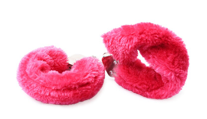 Bright fluffy handcuffs isolated on white. Sex toy