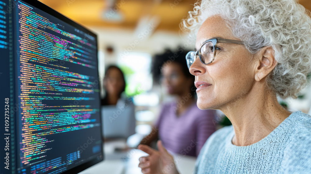 Poster woman discussing coding strategies with diverse team, focused on screen