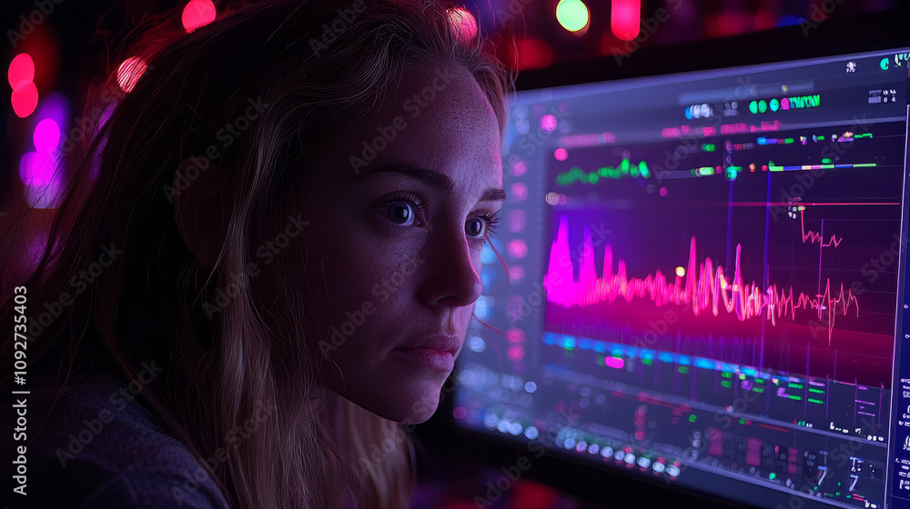 Poster woman focused on software analysis with colorful data visualization