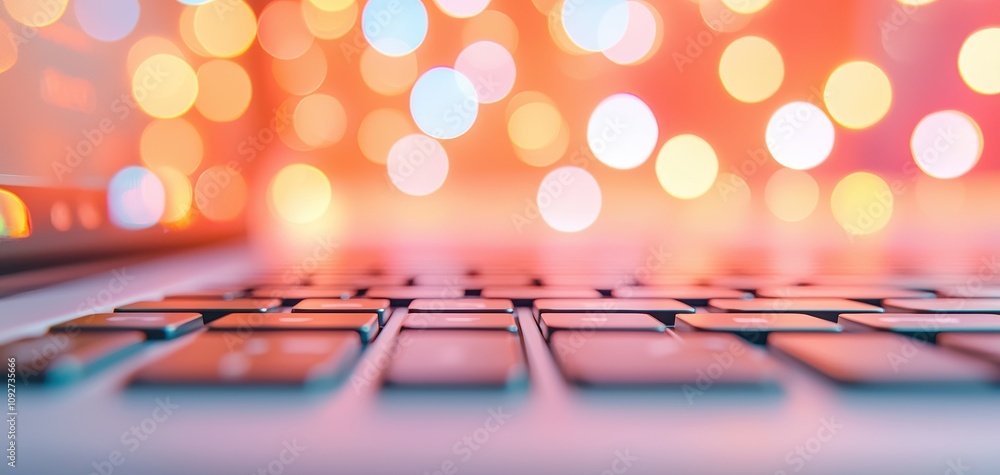 Fototapete SEO relevance concept. A close-up view of a laptop keyboard with colorful bokeh lights in the background, creating a vibrant and modern atmosphere.