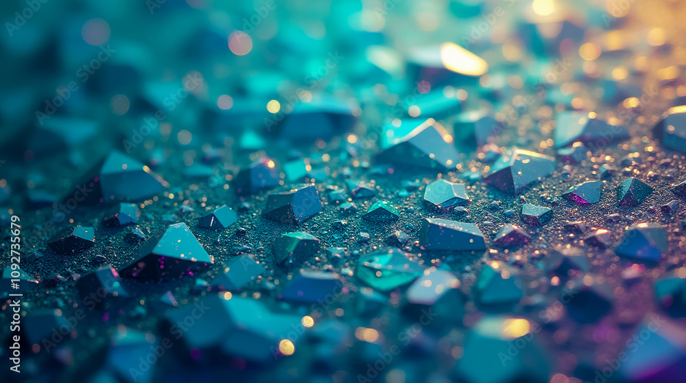 Poster a close-up view of a textured surface featuring numerous small triangular and polygon shapes, sparkl