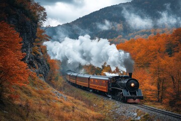 Scenic Autumn Steam Train Journey Through Colorful Foliage