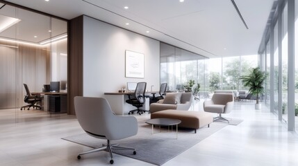 Stylish Modern Office Interior with Contemporary Furniture, Bright Natural Light, and Minimalist Design Elements Featuring Comfortable Seating and Open Workspace