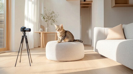Rote Katze sitzt aufmerksam auf einem Hocker vor einer Kamera in einem Wohnzimmer im skandinavischen Wohnstil