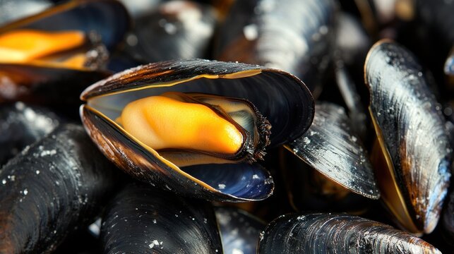 A close up of a bunch of fresh mussels.
