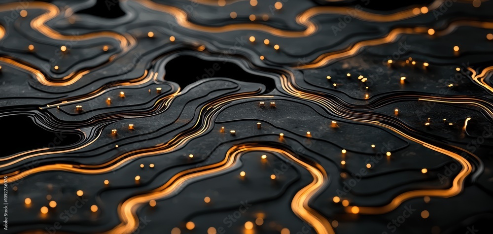 Poster SEO relevance concept. A close-up view of a dark, textured surface with flowing lines and glowing elements, resembling a circuit or abstract landscape.