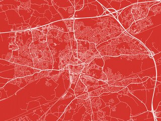 Christmas Map of Warrington, United Kingdom in Snowy White on Festive Red Background.