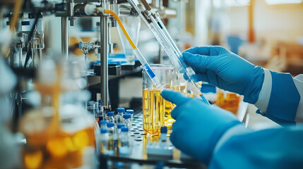 Electrolysis process. Close up hands working with equipment for electroanalysis in chemical laboratory ai generative