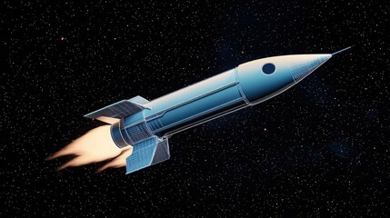 Fototapeta premium A sleek rocket launches into the starry cosmos, surrounded by the vastness of space, with flames propelling it forward.