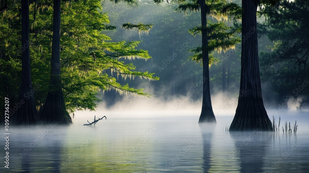 Poster a serene misty swamp scene with cypress trees reflecting in the calm water.