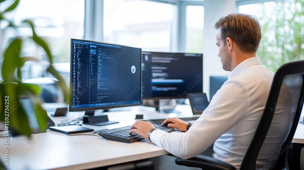Poster professional male software developer working on code at modern office desk featuring multiple monito