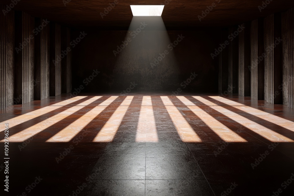 Aufkleber spacious, empty room with light beams creating patterns on floor