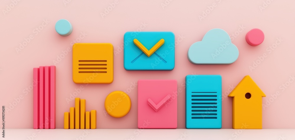 Poster seo relevance concept. a colorful arrangement of geometric shapes representing communication, data, 