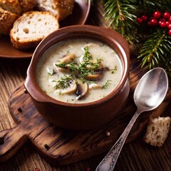 Obraz premium Mushroom soup. Polish Christmas Eve dinner at eye level, focusing on meal