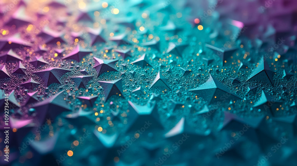 Poster intricate surface displays a variety of small triangular and polygon facets reflecting colorful ligh