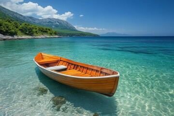 Naklejka premium Serene Wooden Rowboat in Crystal Clear Turquoise Sea Coastal Landscape