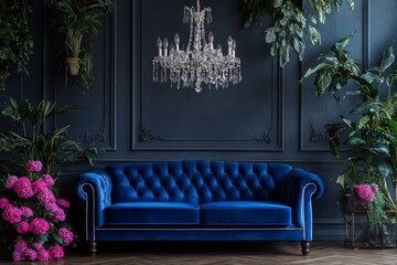 Obraz premium Luxurious Blue Velvet Sofa in Elegant Dark Room with Crystal Chandelier and Plants