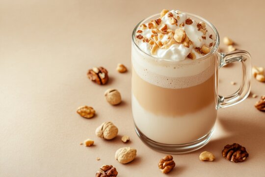 Mockup. Hot hazelnut coffee on a pale beige background. Space for text. Spice Latte or cappuccino. A rich and creamy hazelnut latte with a crumb of crushed nuts, served in a clear glass.
