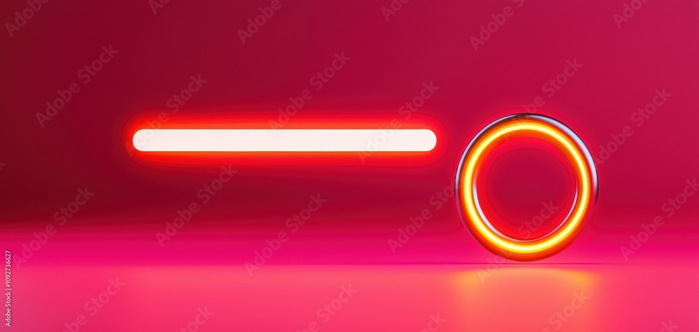 Poster SEO relevance concept. A vibrant composition featuring a glowing red line and a circular neon element against a pink background.