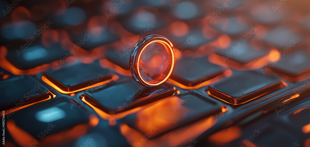 Poster seo relevance concept. a glowing coin rests on a dark keyboard, symbolizing digital currency and tec