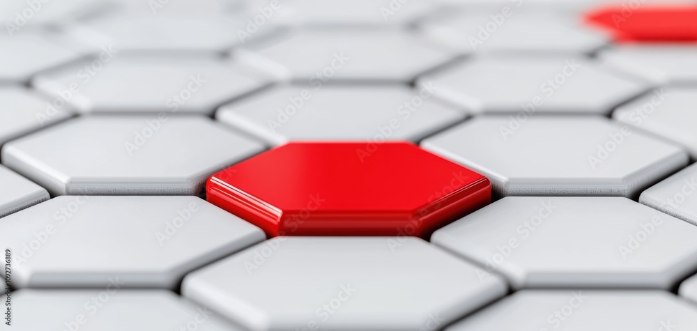 Leinwandbilder SEO relevance concept. A close-up view of a hexagonal pattern featuring a single red hexagon among white hexagons, creating a striking visual contrast.
