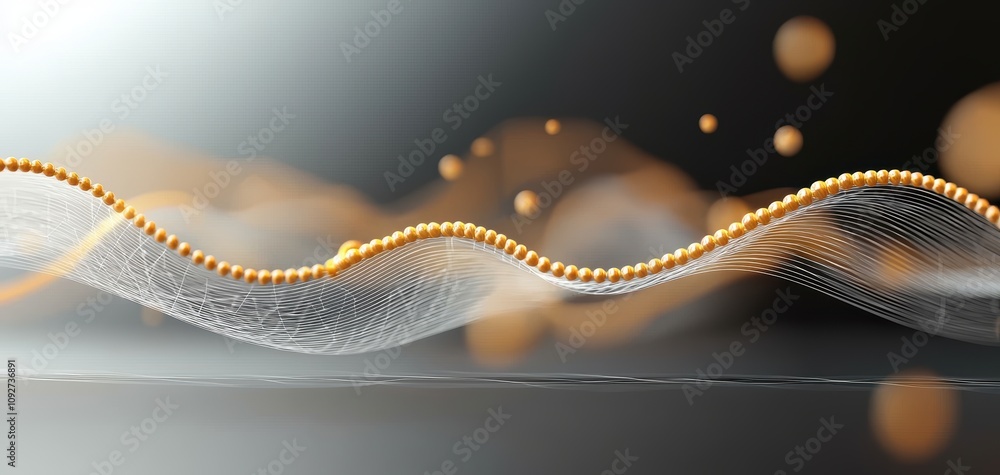 Poster SEO relevance concept. A flowing, abstract design featuring wavy lines and glowing particles, creating a sense of motion and depth against a dark background.