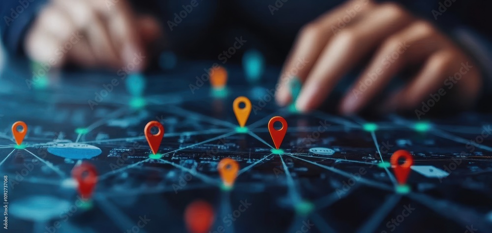 Aufkleber SEO relevance concept. A close-up of hands interacting with a digital map, featuring location markers and interconnected nodes, symbolizing navigation and data analysis.