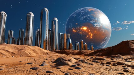 Futuristic Cityscape with Alien Sphere in Cosmic Desert Landscape