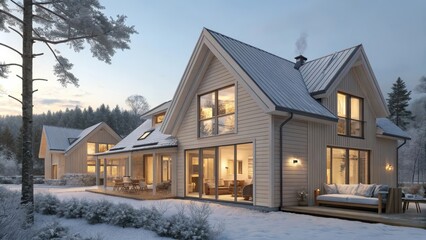 Scandinavian Style Duplex with Light Wooden Siding in Winter Setting
