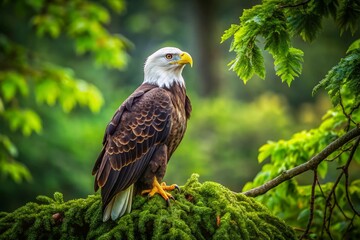 Obraz premium Majestic Eagle Nestled Amongst Lush Green Leaves of a Tree in a Serene Nature Setting Capturing the Essence of Wildlife and Minimalist Photography