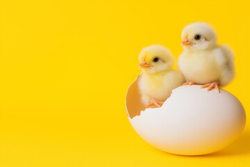 Adorable Fluffy Chicks Emerging from Egg on Vibrant Yellow Background