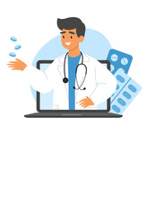 Doctor on a laptop screen with medical documents and blister packs, representing online medical consultation and health services