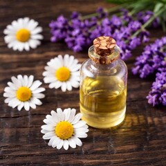 fresh flowers and chamomile essential oil on the table