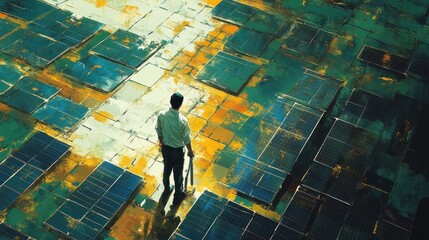 Solar panel farm with a technician checking installations