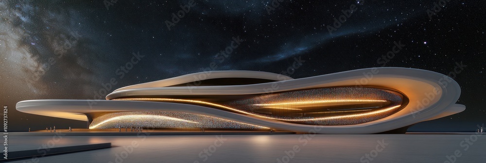 Poster a futuristic architectural design featuring flowing shapes and illuminated elements.