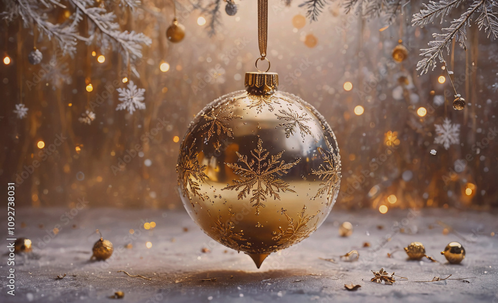Poster gold ornament with snowflakes on it is hanging from a tree. there are many other ornaments on the gr
