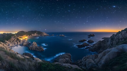 A blue, glowing sea with rocky cliffs, a night sky full of stars.